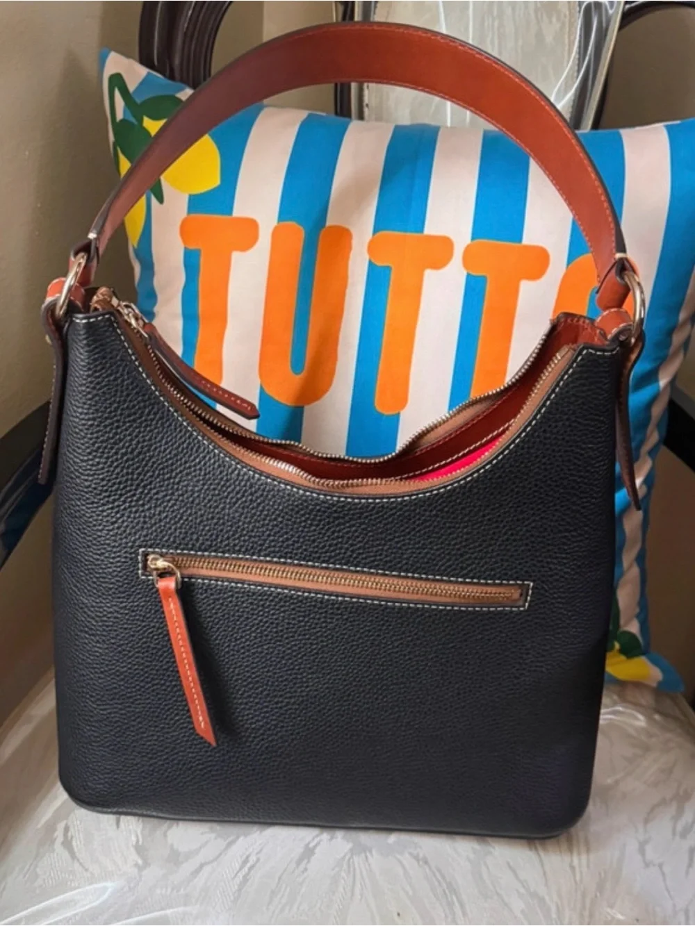 Dooney & Bourke Black Pebbled Leather Shoulder Bag with Brown Trim